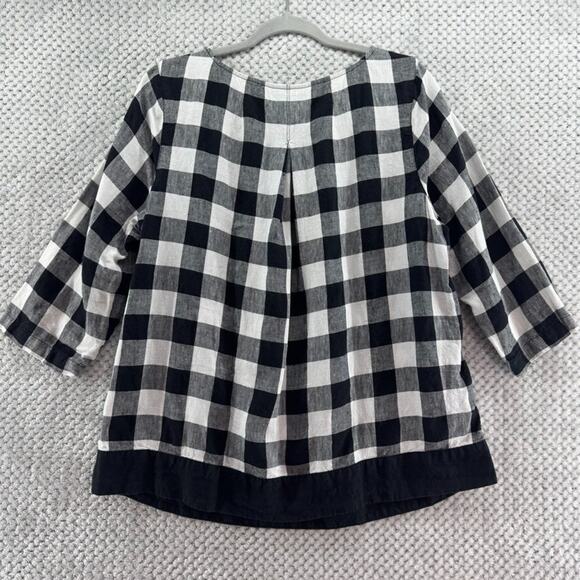 J Jill Love Linen Top Women M White Black Checked Boat Neck Lagenlook 3/4 Sleeve - Picture 4 of 11